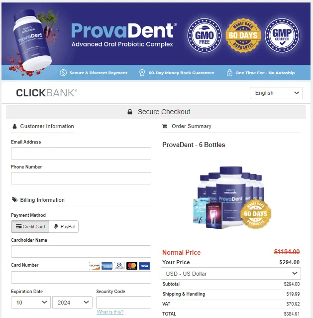ProvaDent checkout page